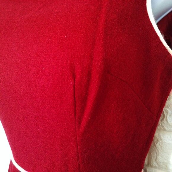 Vintage 60s Handmade Sheath Tank Dress Lady(8) Wool Piping-Trim Bow Zipper Red - Picture 6 of 10